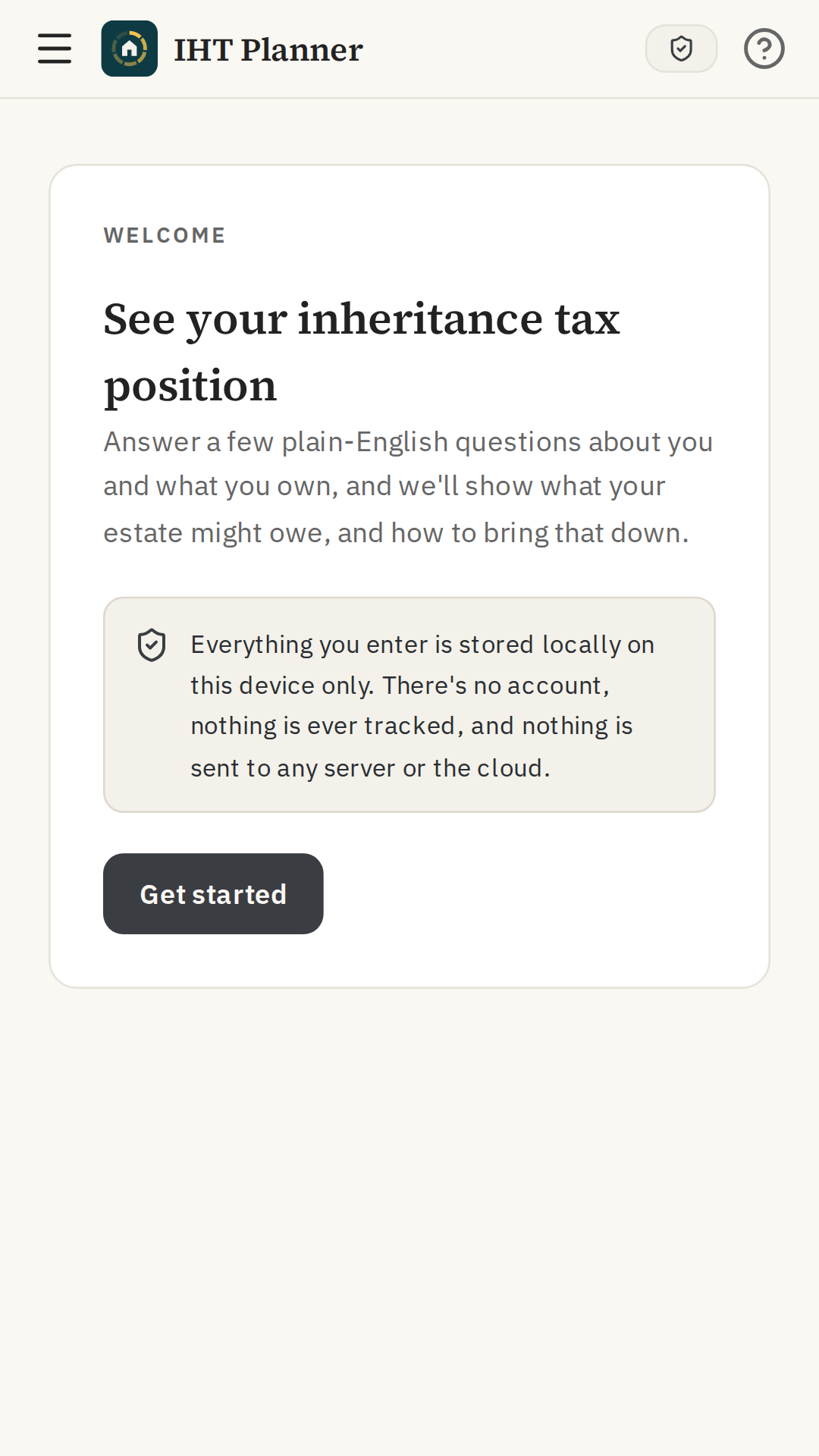 IHT Planner welcome screen